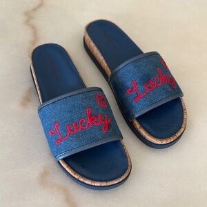 Lucky Brand Denim and Red Embroidered Slides